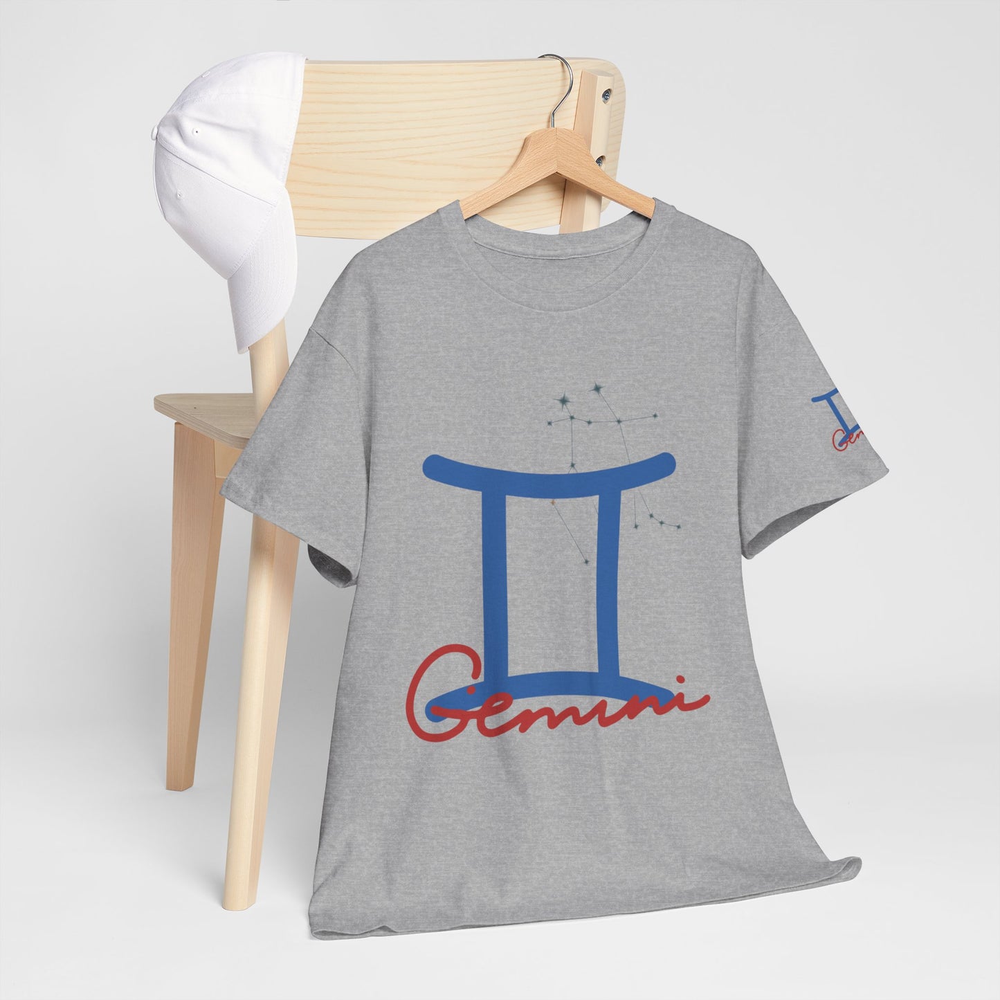 Gemini Zodiac T-Shirt — Blue Symbol with Script
