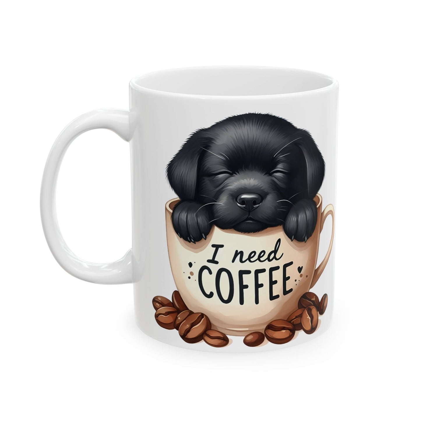 Personalized Puppy Coffee Mug - Cute Cat in Cup Illustration, "I Need Coffee" Ceramic Mug (11oz/15oz)