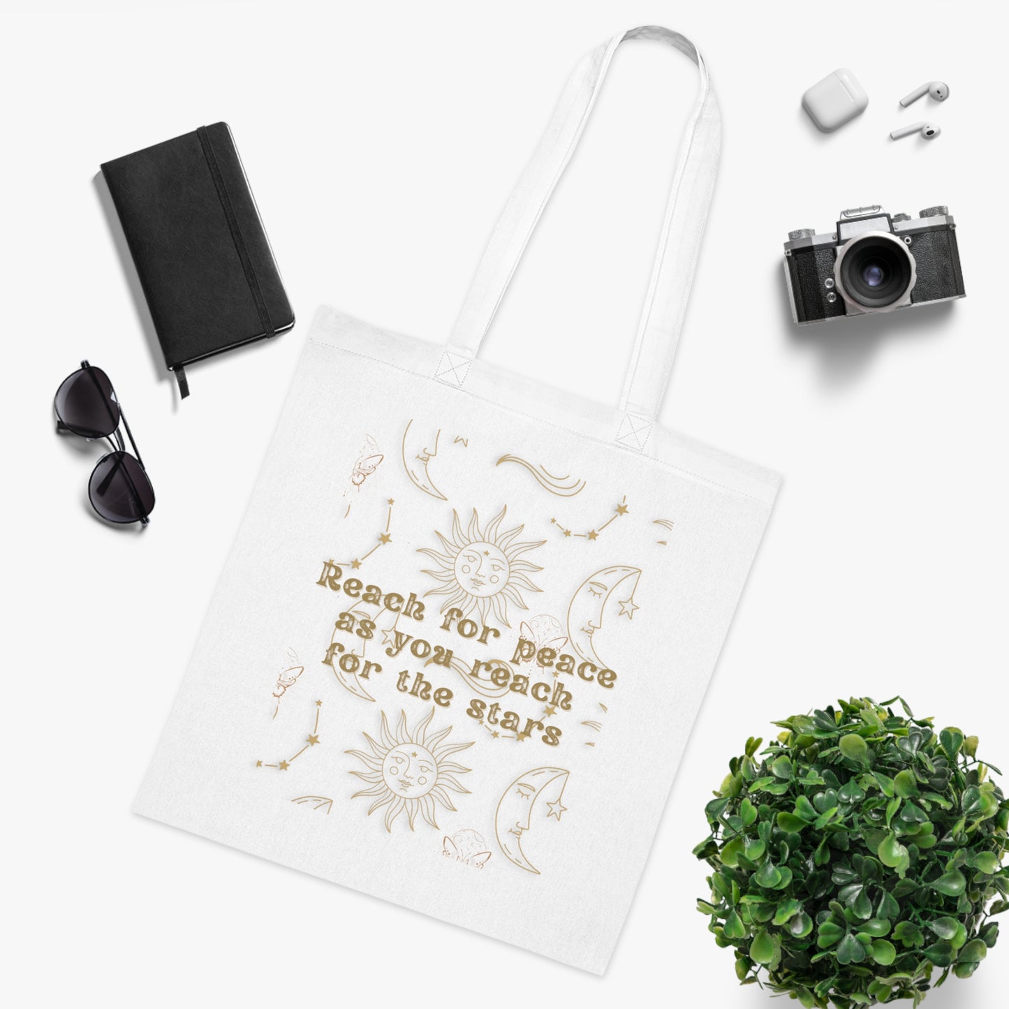 Inspirational Cotton Tote: 'Reach for Peace and the Stars', Celestial Tote, Cosmic Tote Bag