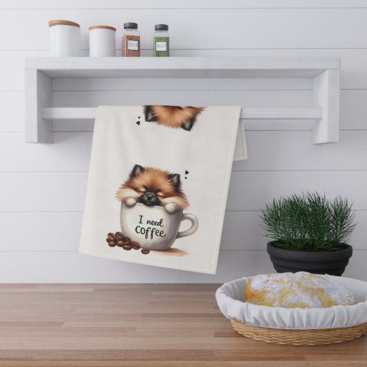 Coffee Lovers Tea Towels - Cute Pomeranian Design, Pomeranian Puppy Tea Towel