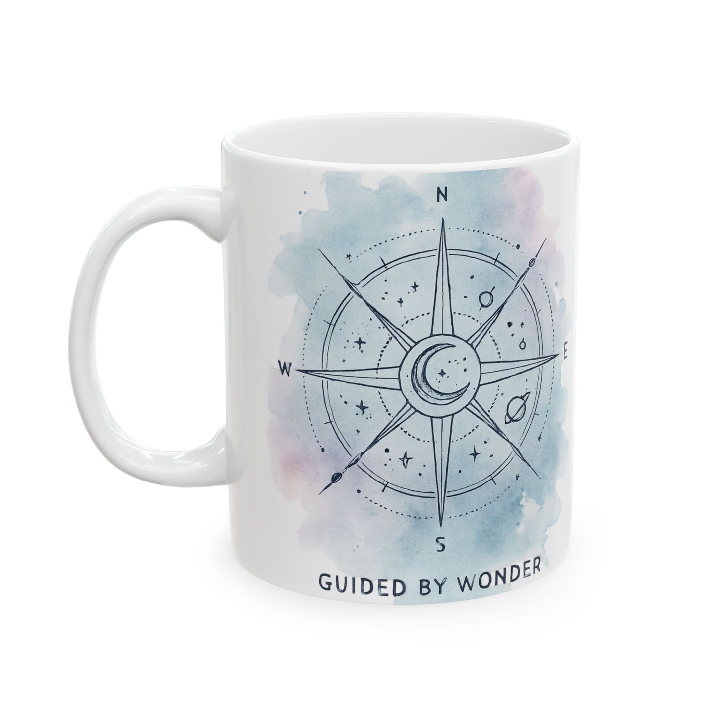 Compass Watercolor Ceramic Mug – 'Wander' Travel-Inspired Coffee Cup (11oz, 15oz)