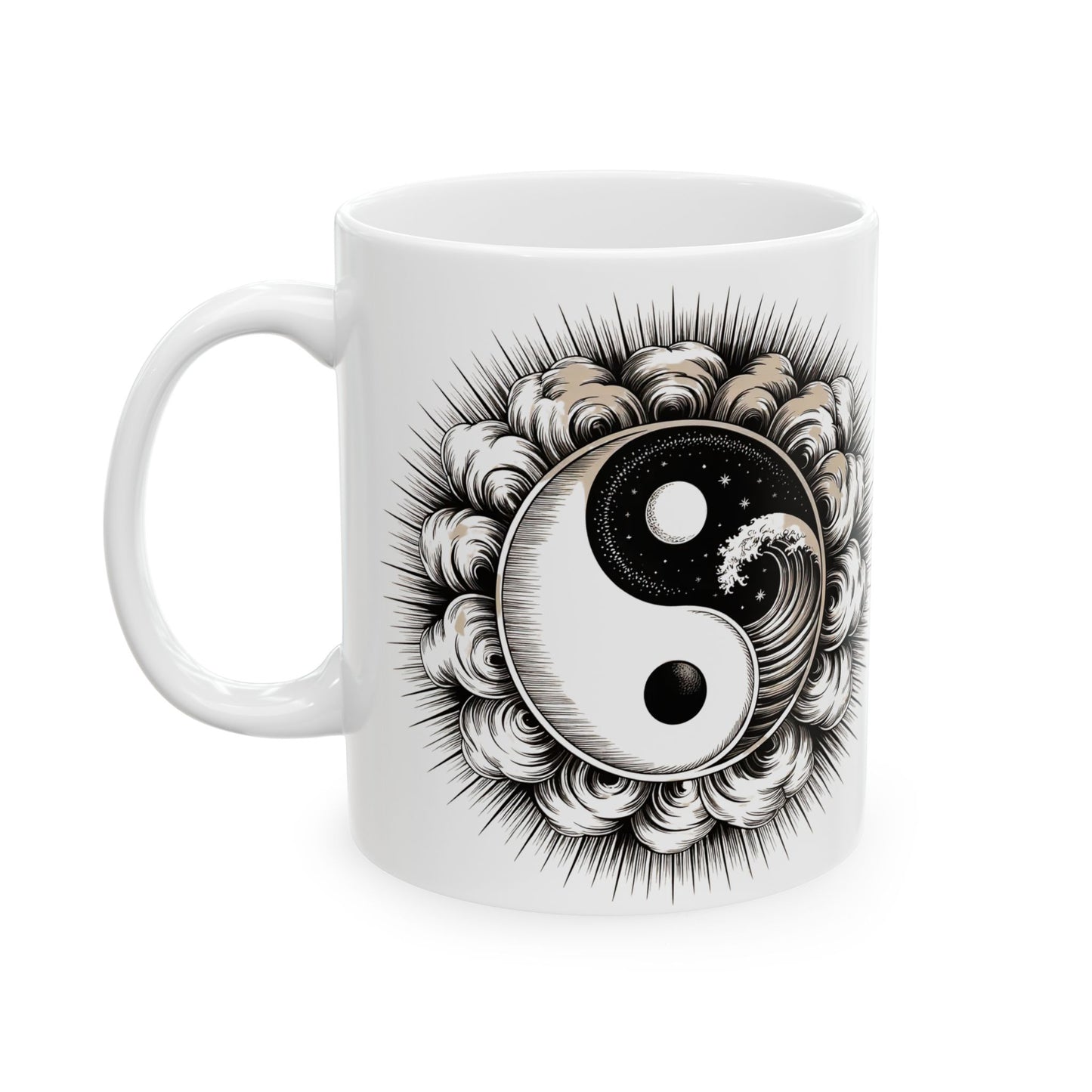 Personalized Yin Yang Sunburst Ceramic Mug – Boho Spiritual Coffee Cup (11oz & 15oz)