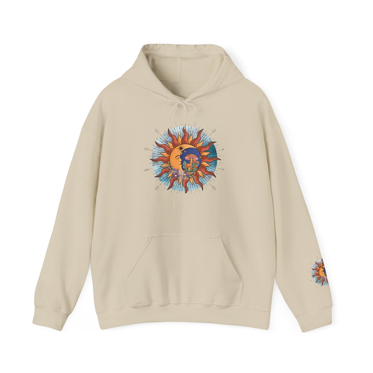 Sun and Moon Boho Hoodie — Colorful Celestial Graphic Sweatshirt