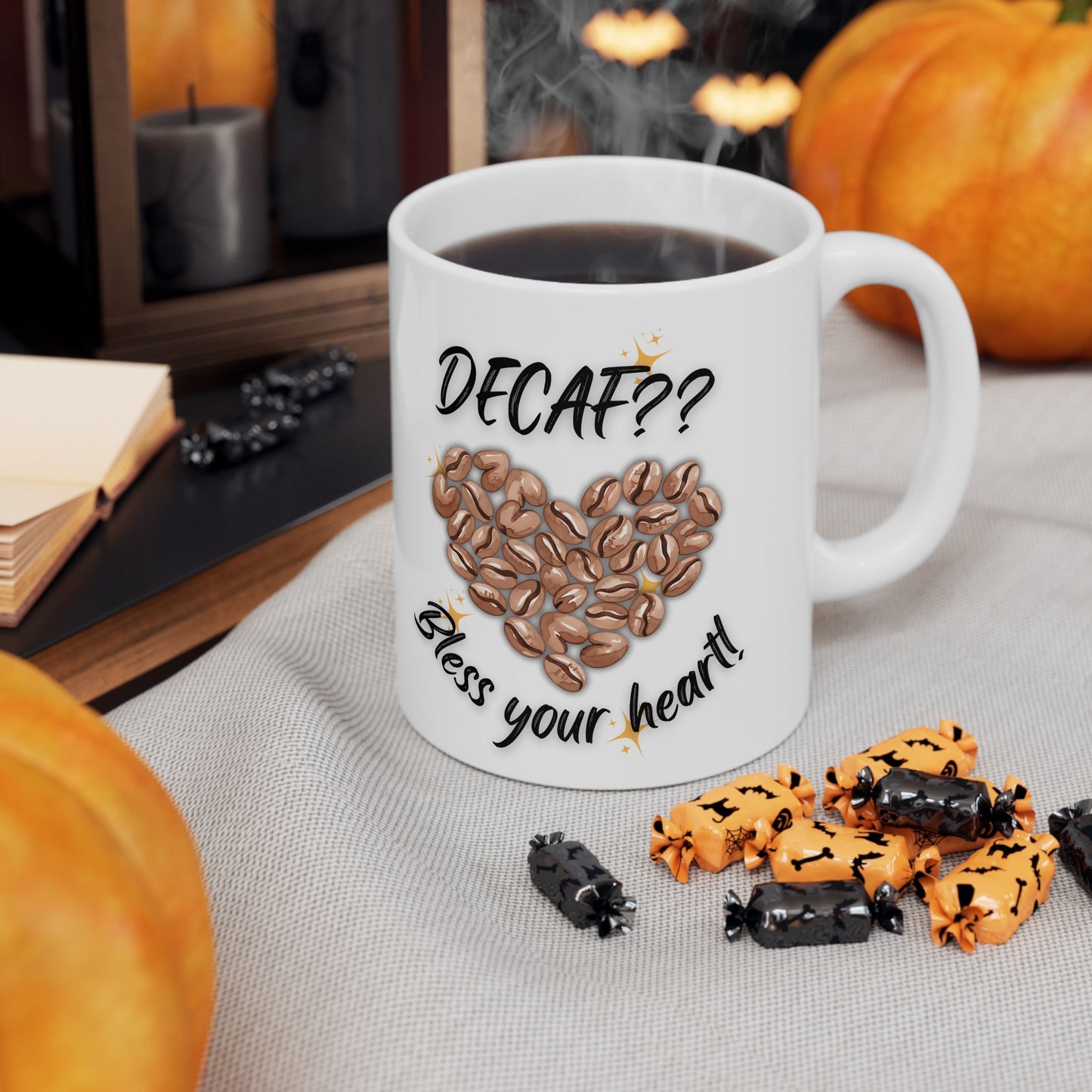 Personalized Coffee Ceramic Mug — “Delicious?” Coffee Bean Heart Design, Bless Your Heart Coffee Mug (11oz & 15oz)
