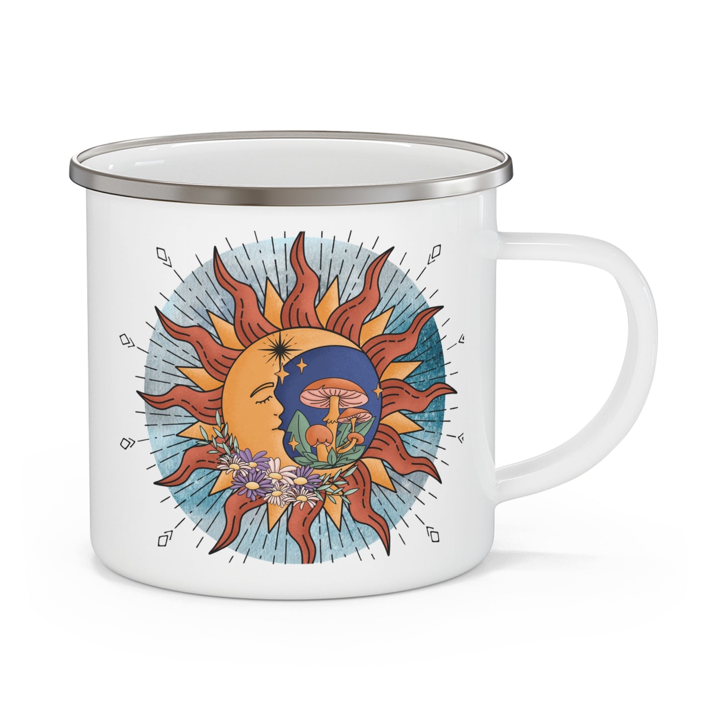 Bohemian Sun & Moon Enamel Camping Mug, Celestial Camping Cup
