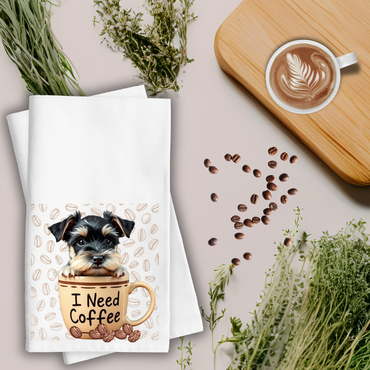 Schnauzer Puppy Waffle Weave Kitchen Towel, Puppy Kitchen Towel, Coffee Kitchen Towel