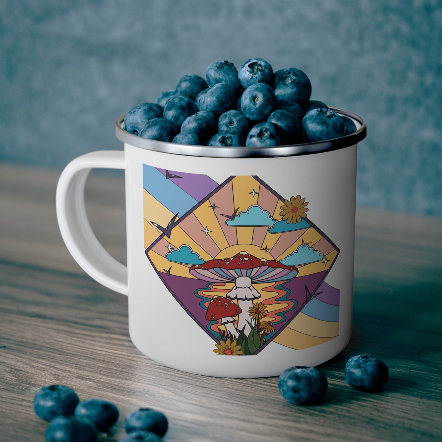 Vintage-Inspired Enamel Camping Mug with Retro Mushroom Design