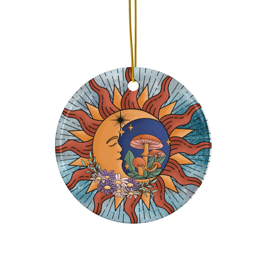 Celestial Ornament, Sun & Moon Ceramic Ornaments, Whimsical Decor for Holidays, Unique Gifts, Home Accents, 2-Sided Print, Festive Keepsakes