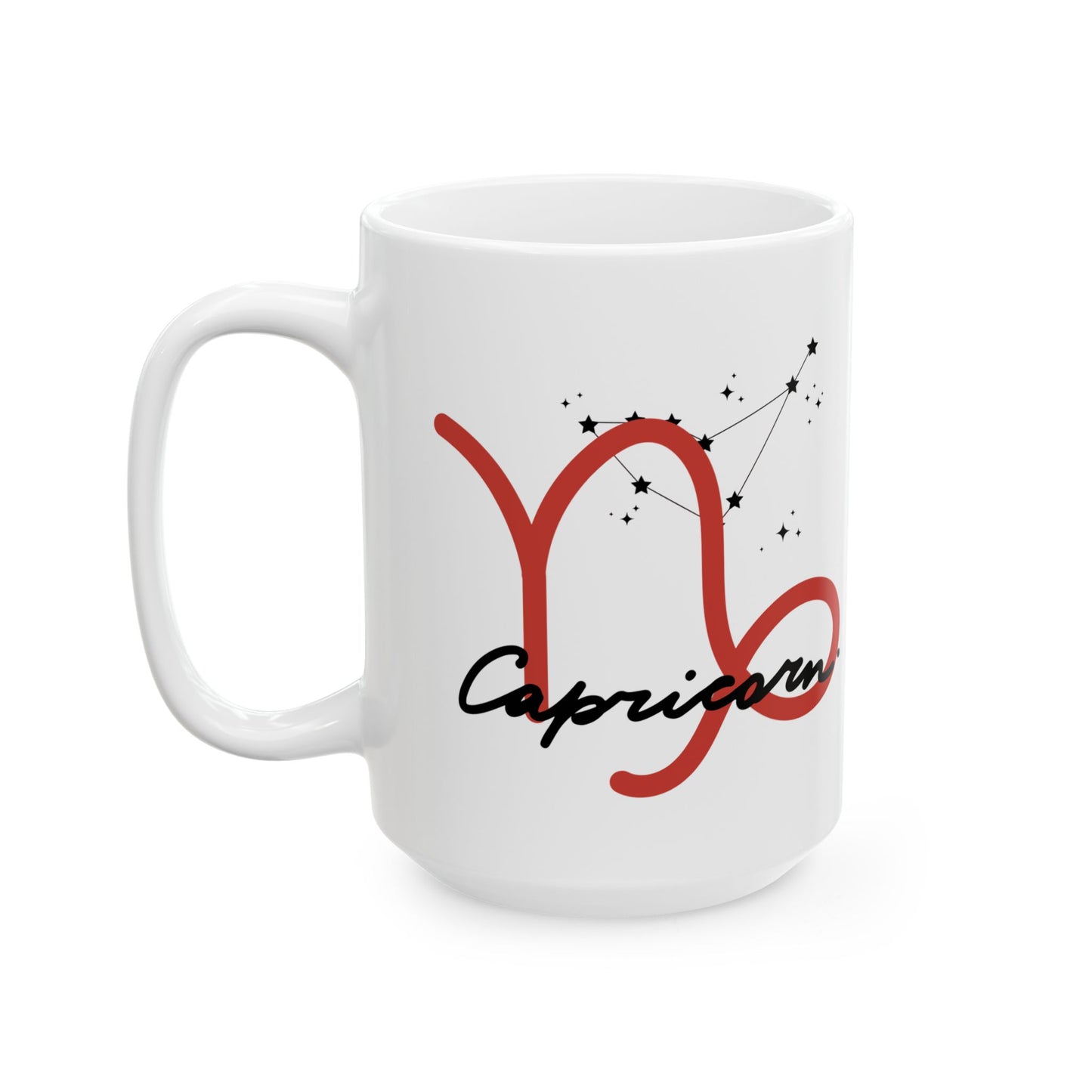 Capricorn Zodiac Ceramic Mug — Red Script Constellation Astrology Coffee Cup (11oz & 15oz)