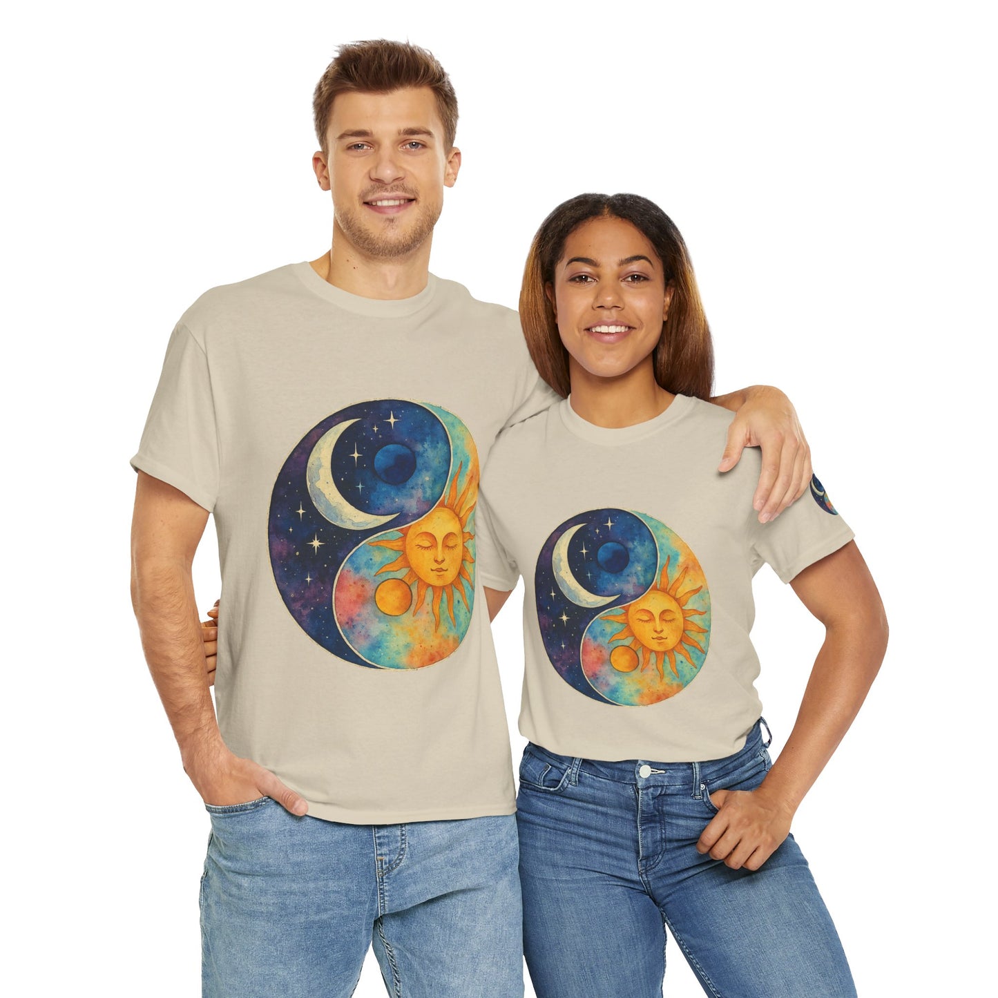 Sun & Moon Yin Yang T‑Shirt — Celestial Vintage Sunface and Crescent Moon Tee