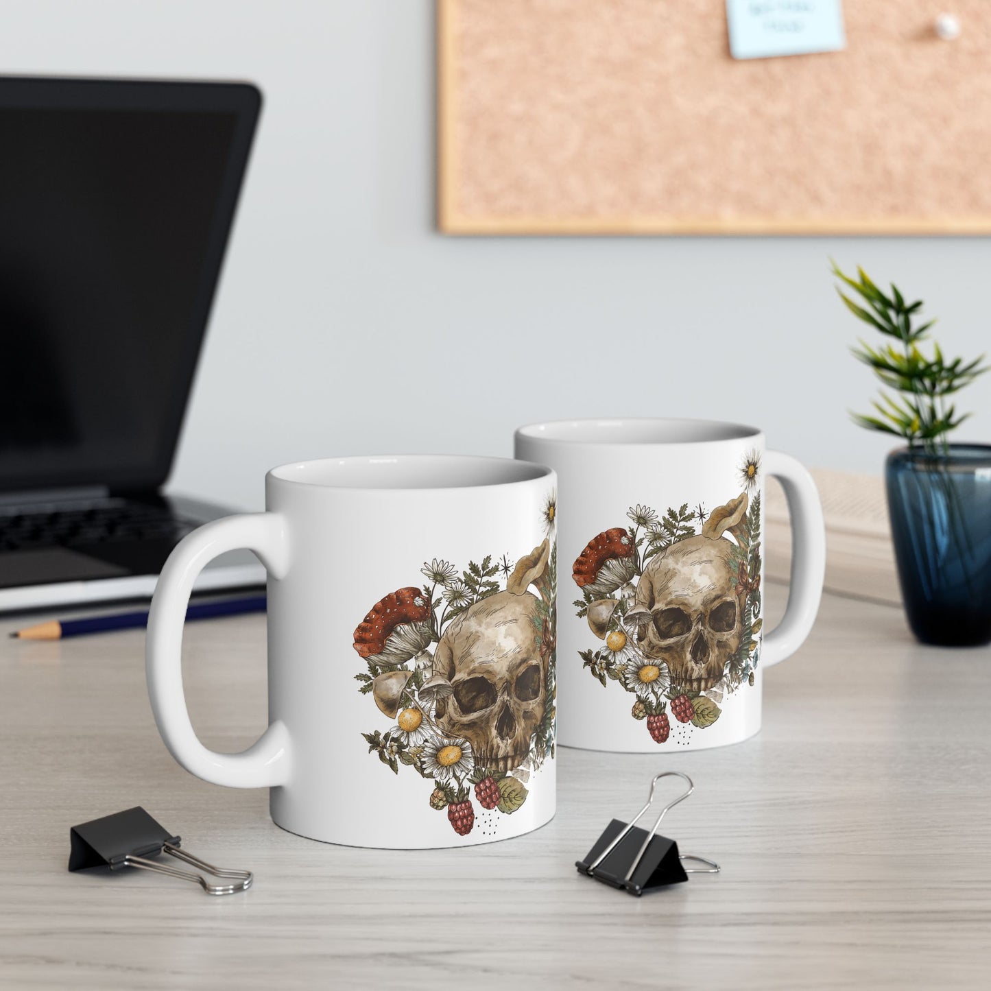 Floral Skull Coffee Mug — Vintage Wildflower & Fungi Ceramic Mug (11oz, 15oz)