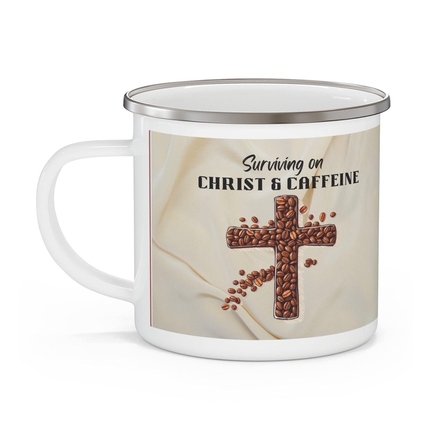 Surviving on Christ & Caffeine Enamel Camping Mug, Christian Camping Mug