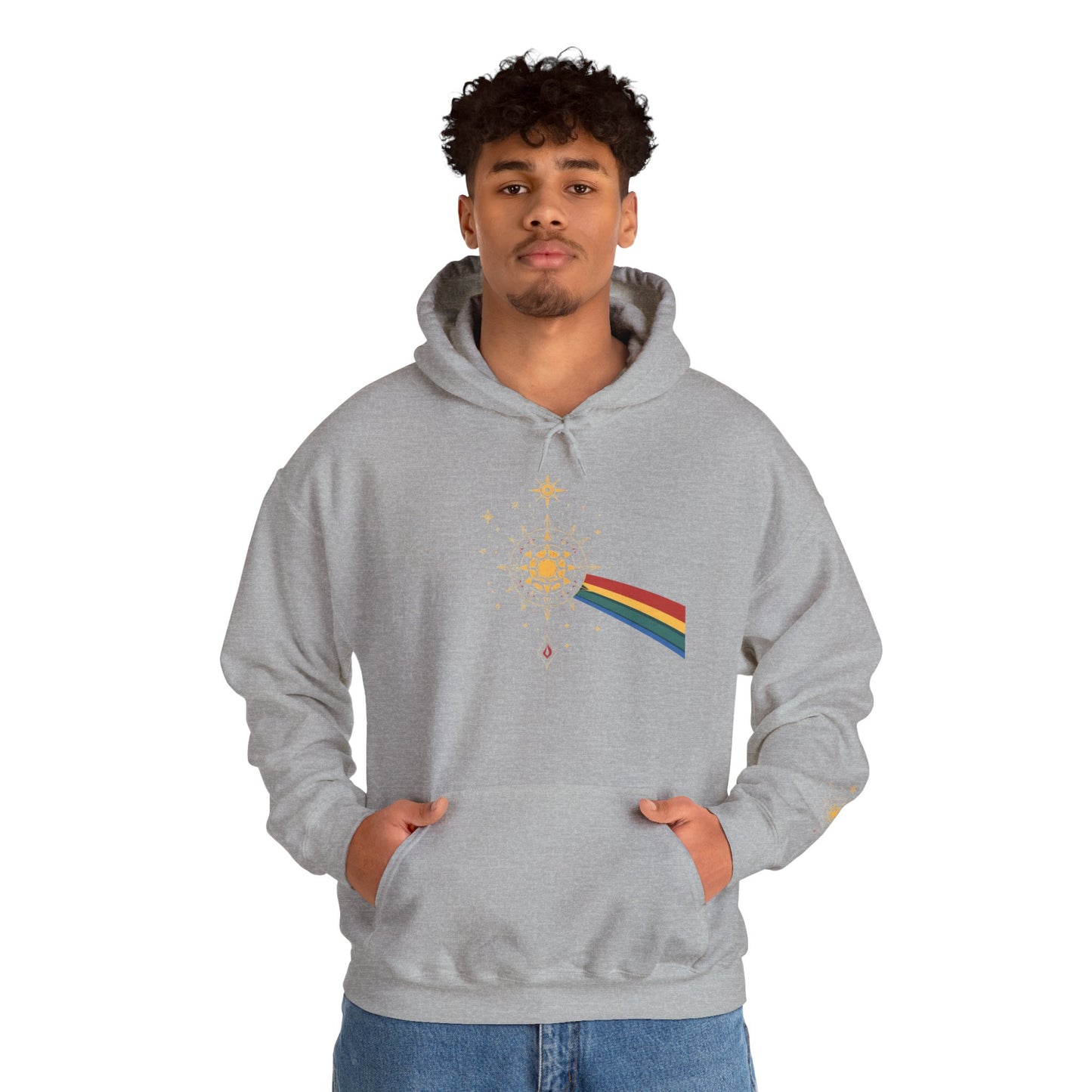 Sun Prism Rainbow Hoodie — Minimal Retro Sun & Prism Graphic Pullover