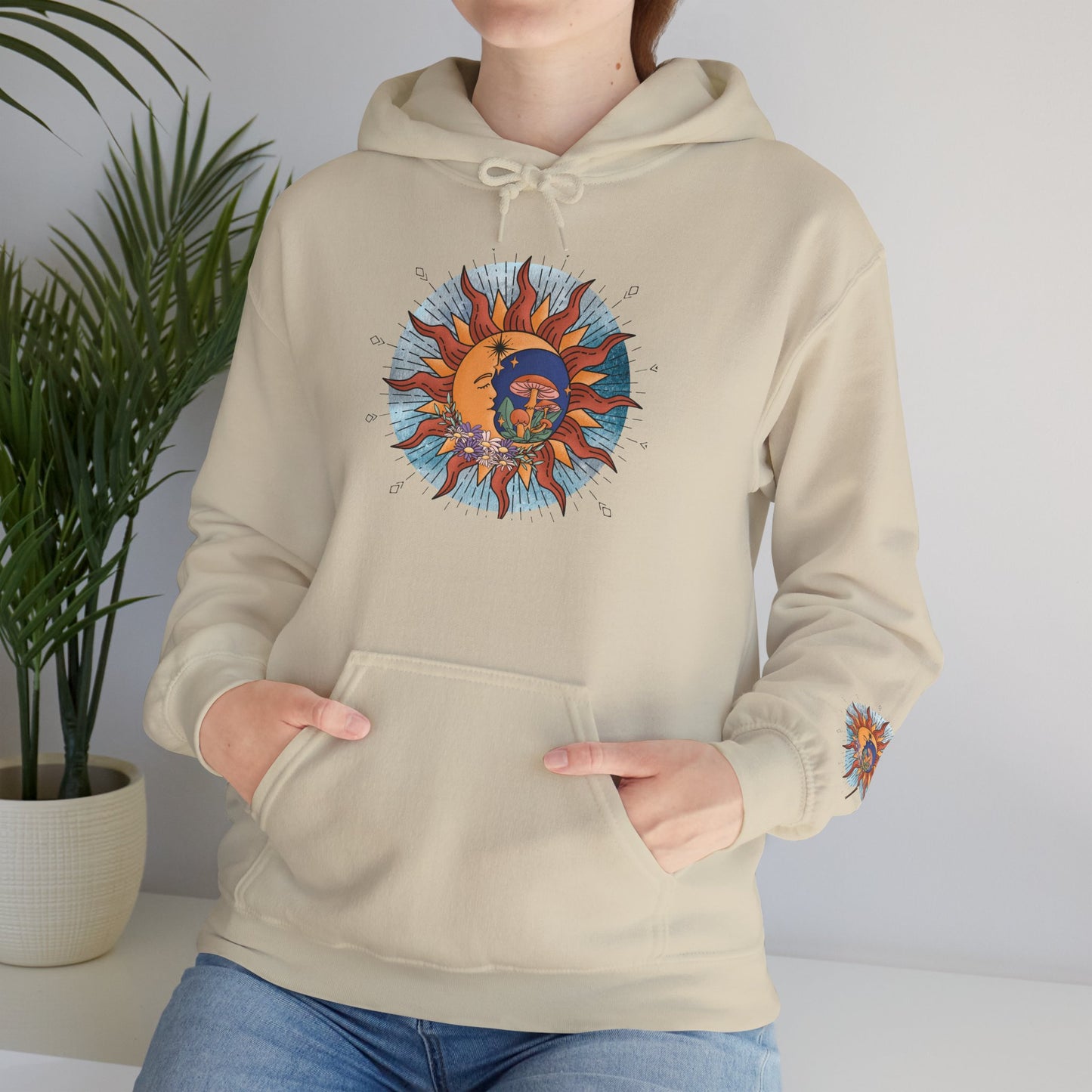 Sun and Moon Boho Hoodie — Colorful Celestial Graphic Sweatshirt
