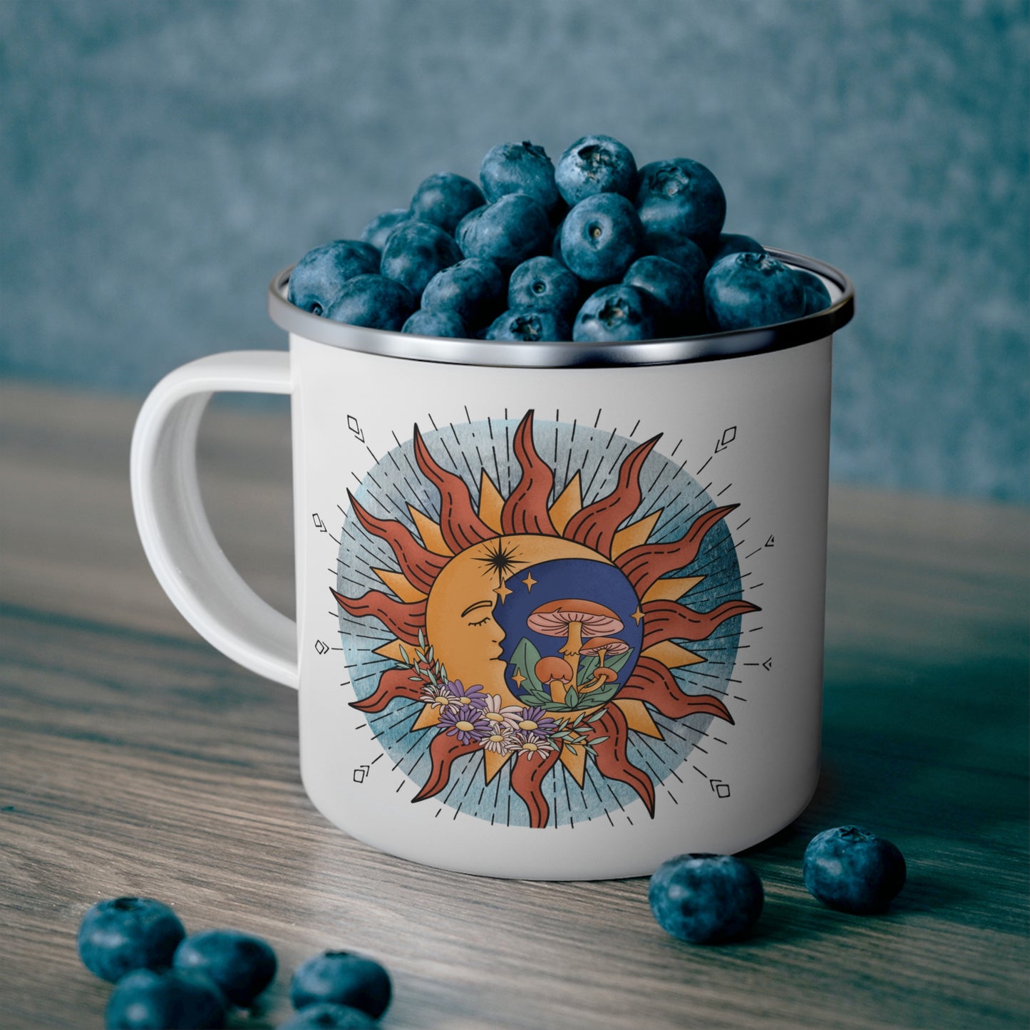 Bohemian Sun & Moon Enamel Camping Mug, Celestial Camping Cup