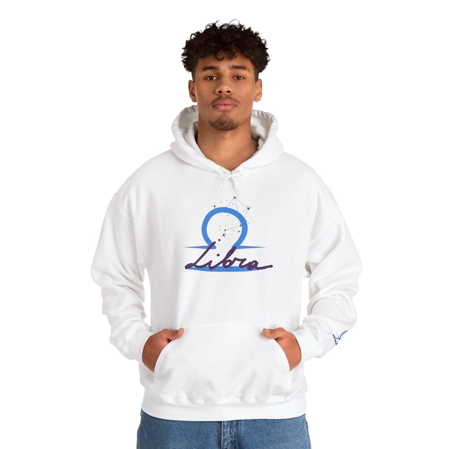 Libra Zodiac Hoodie — Minimal Blue Libra Symbol & Script Pullover