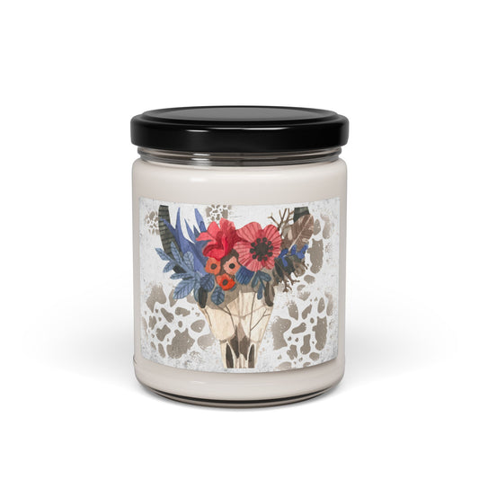 Scented Soy Candle, 9oz, floral cow skull, floral cow, cow skull candle, southwestern design