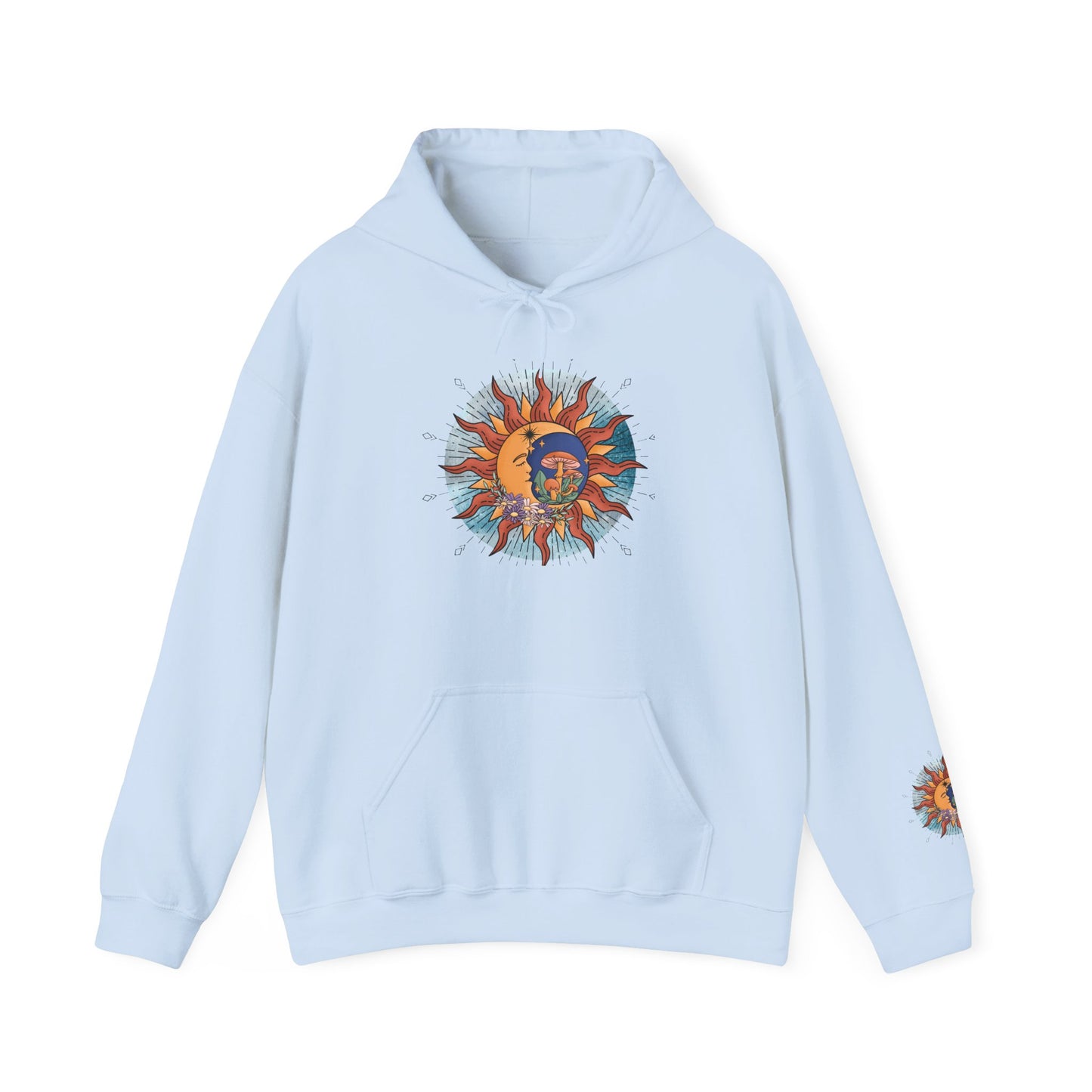 Sun and Moon Boho Hoodie — Colorful Celestial Graphic Sweatshirt