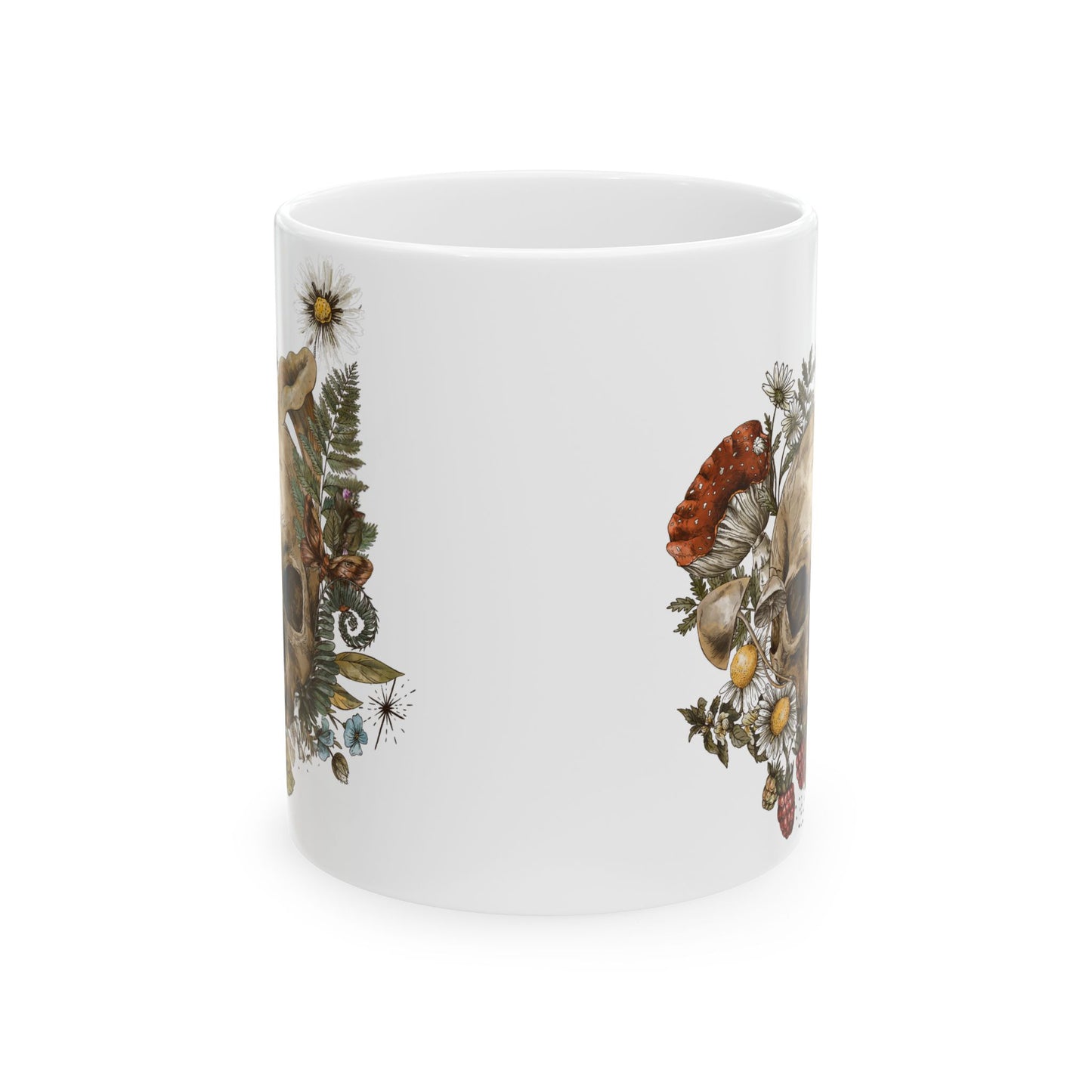 Floral Skull Coffee Mug — Vintage Wildflower & Fungi Ceramic Mug (11oz, 15oz)
