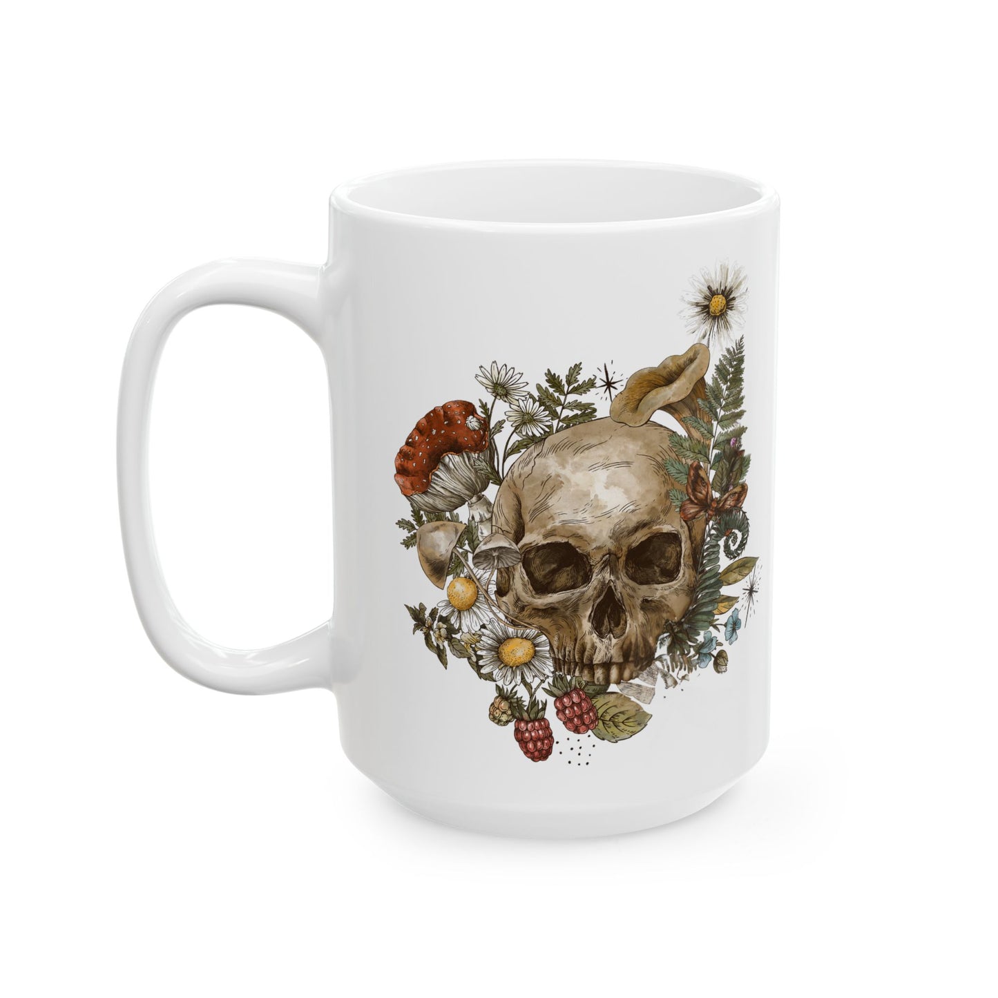 Floral Skull Coffee Mug — Vintage Wildflower & Fungi Ceramic Mug (11oz, 15oz)