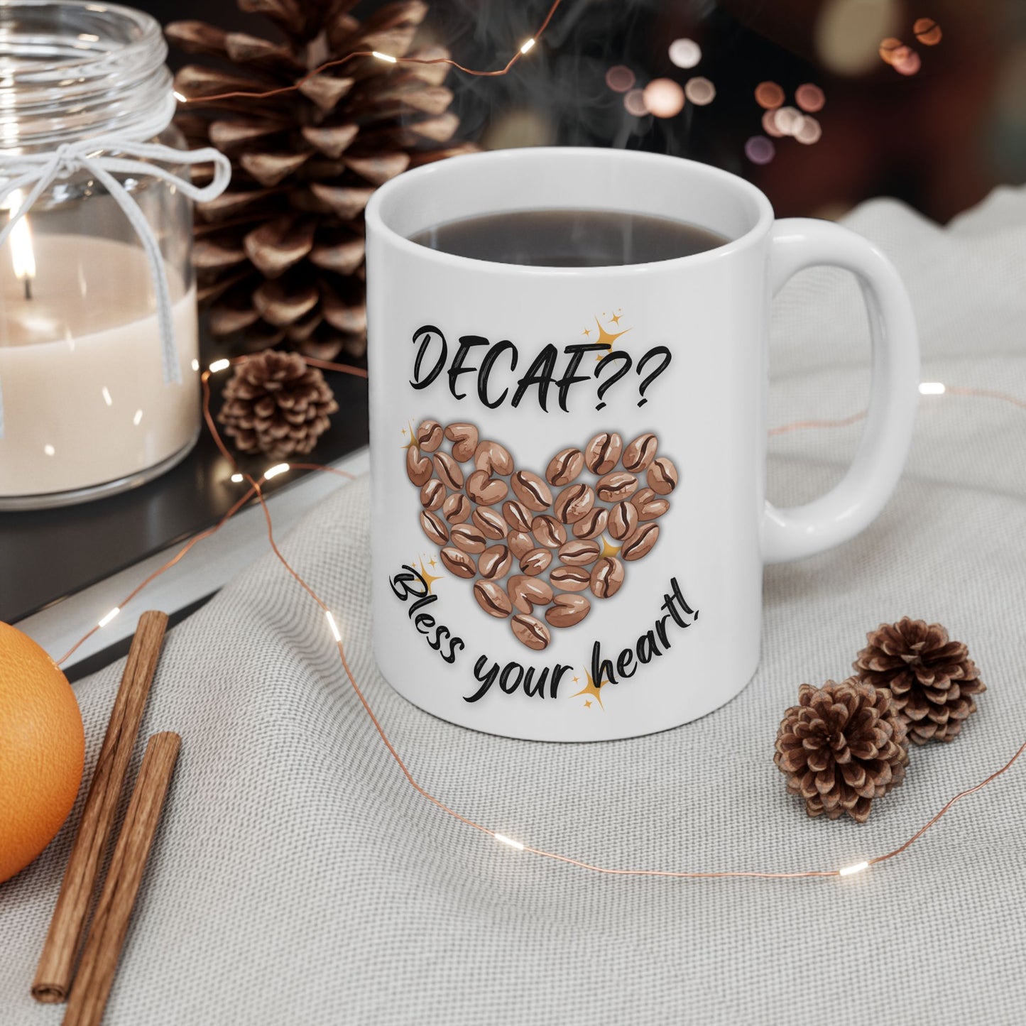 Personalized Coffee Ceramic Mug — “Delicious?” Coffee Bean Heart Design, Bless Your Heart Coffee Mug (11oz & 15oz)