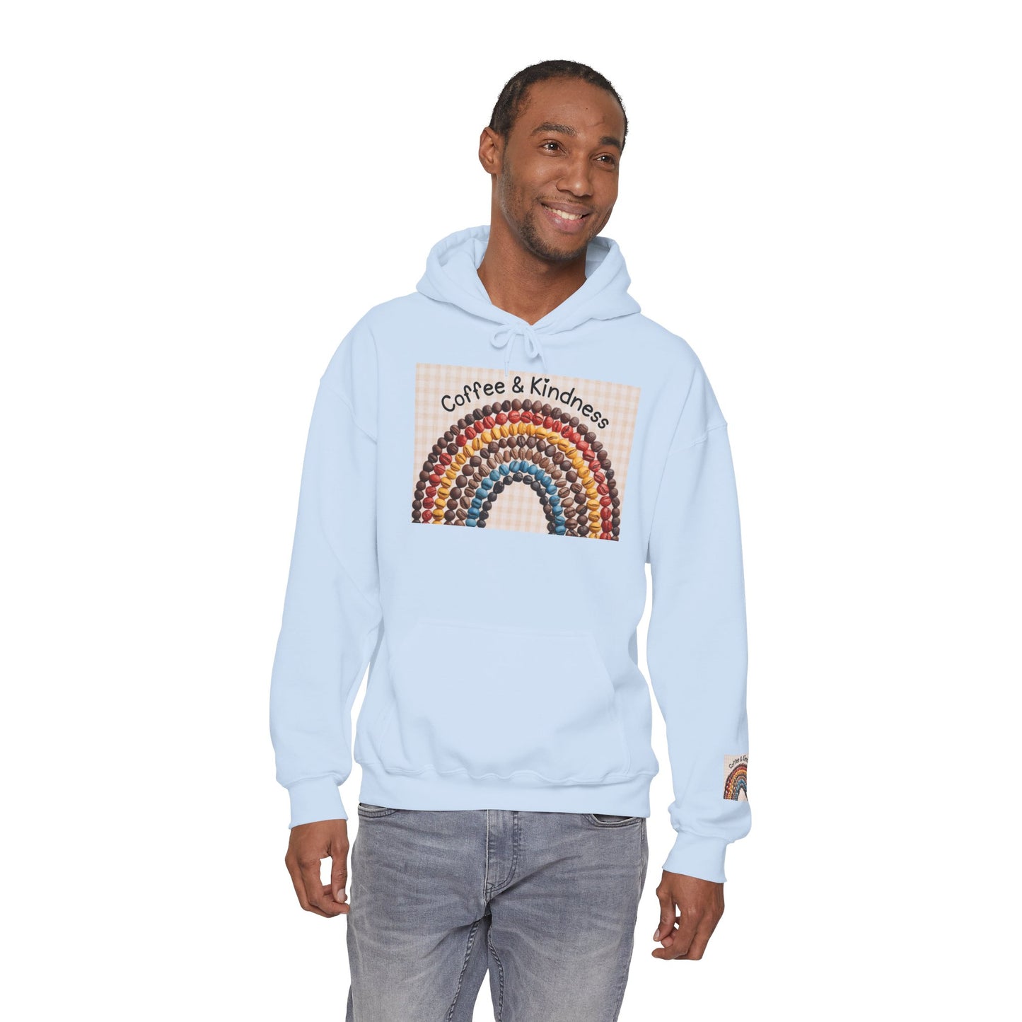 Coffee & Kindness Rainbow Hoodie — Cozy Retro Rainbow Coffee Cup Sweatshirt