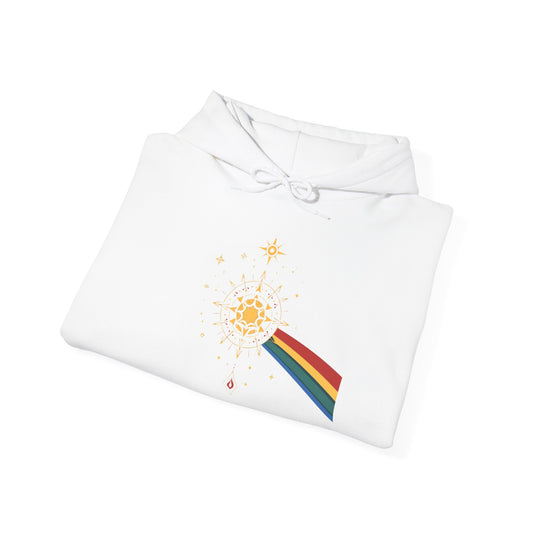 Sun Prism Rainbow Hoodie — Minimal Retro Sun & Prism Graphic Pullover