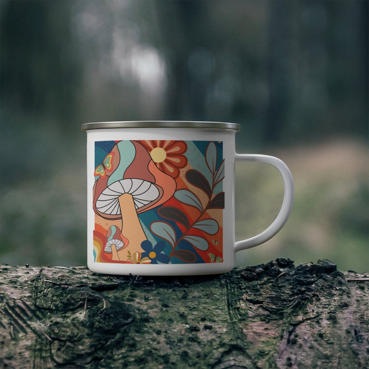 Nature-Inspired Enamel Camping Mug with Colorful Mushroom Design, Boho Camping Mug