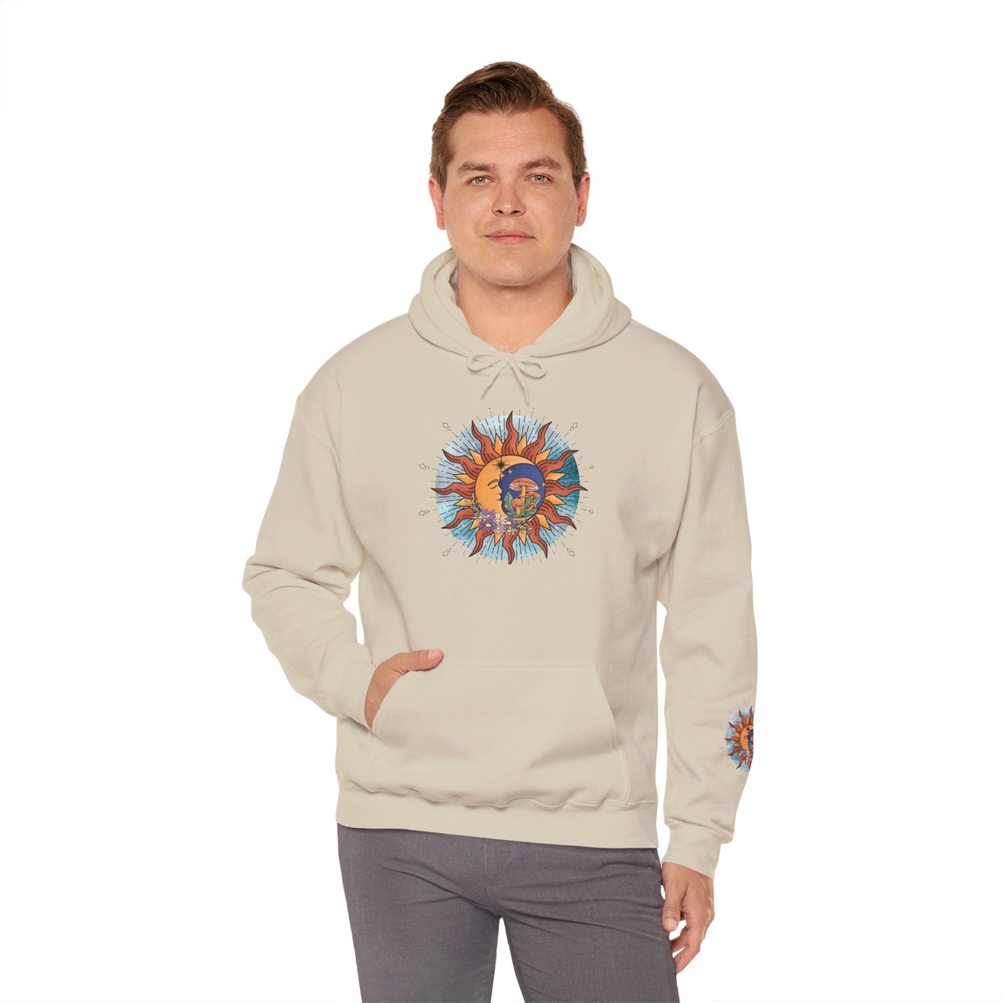 Sun and Moon Boho Hoodie — Colorful Celestial Graphic Sweatshirt
