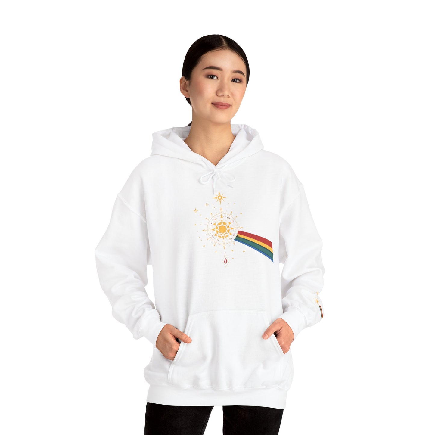 Sun Prism Rainbow Hoodie — Minimal Retro Sun & Prism Graphic Pullover