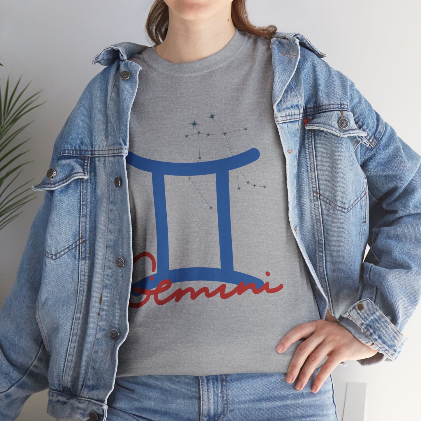 Gemini Zodiac T-Shirt — Blue Symbol with Script
