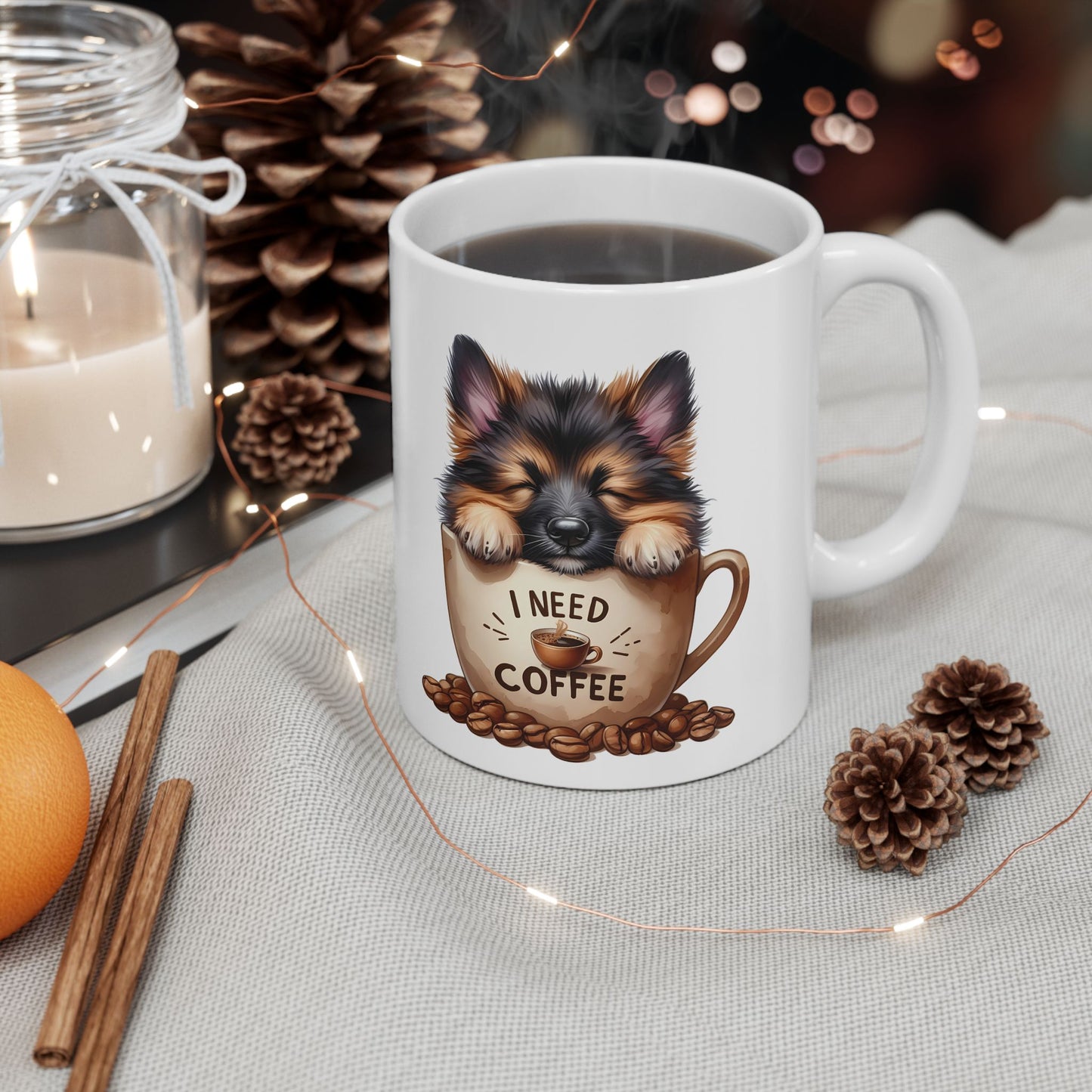 German Shepherd Coffee Lover Mug – Cute Dog Illustration Ceramic Mug (11oz, 15oz)