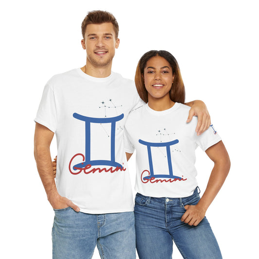 Gemini Zodiac T-Shirt — Blue Symbol with Script