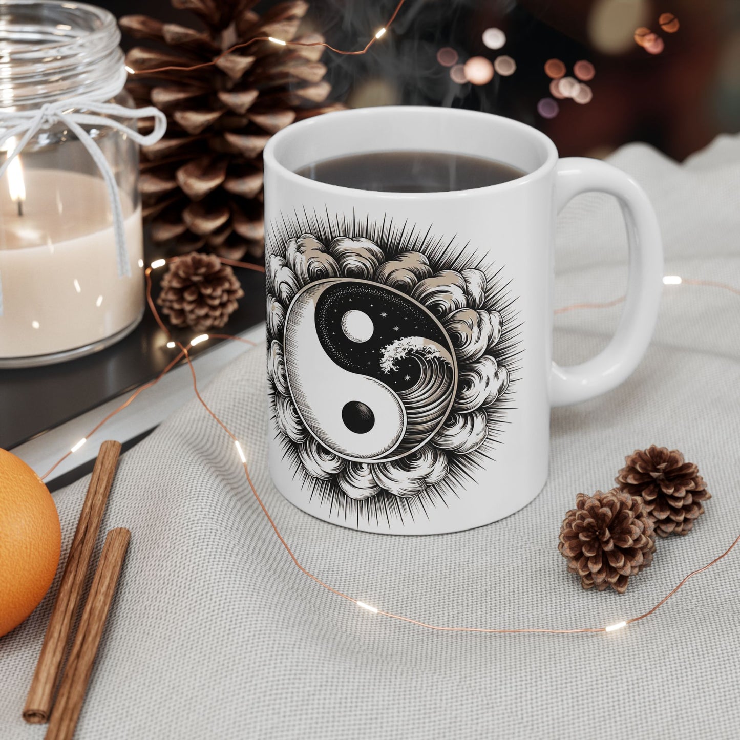 Personalized Yin Yang Sunburst Ceramic Mug – Boho Spiritual Coffee Cup (11oz & 15oz)