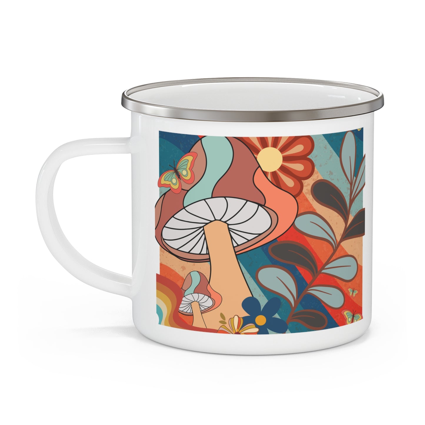 Nature-Inspired Enamel Camping Mug with Colorful Mushroom Design, Boho Camping Mug