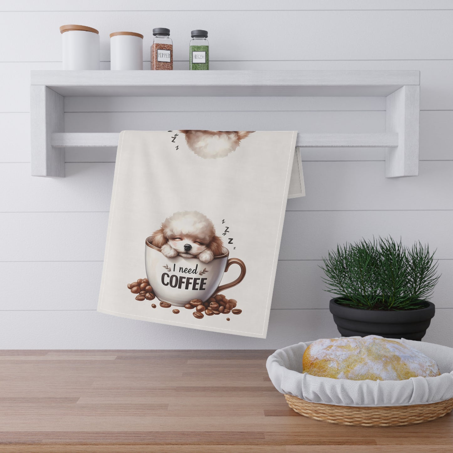 Cute Coffee Dog Tea Towels, poodle puppy tea towel