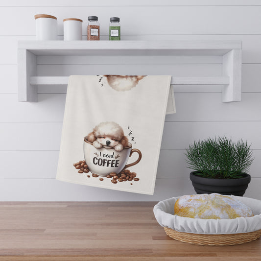 Cute Coffee Dog Tea Towels, poodle puppy tea towel