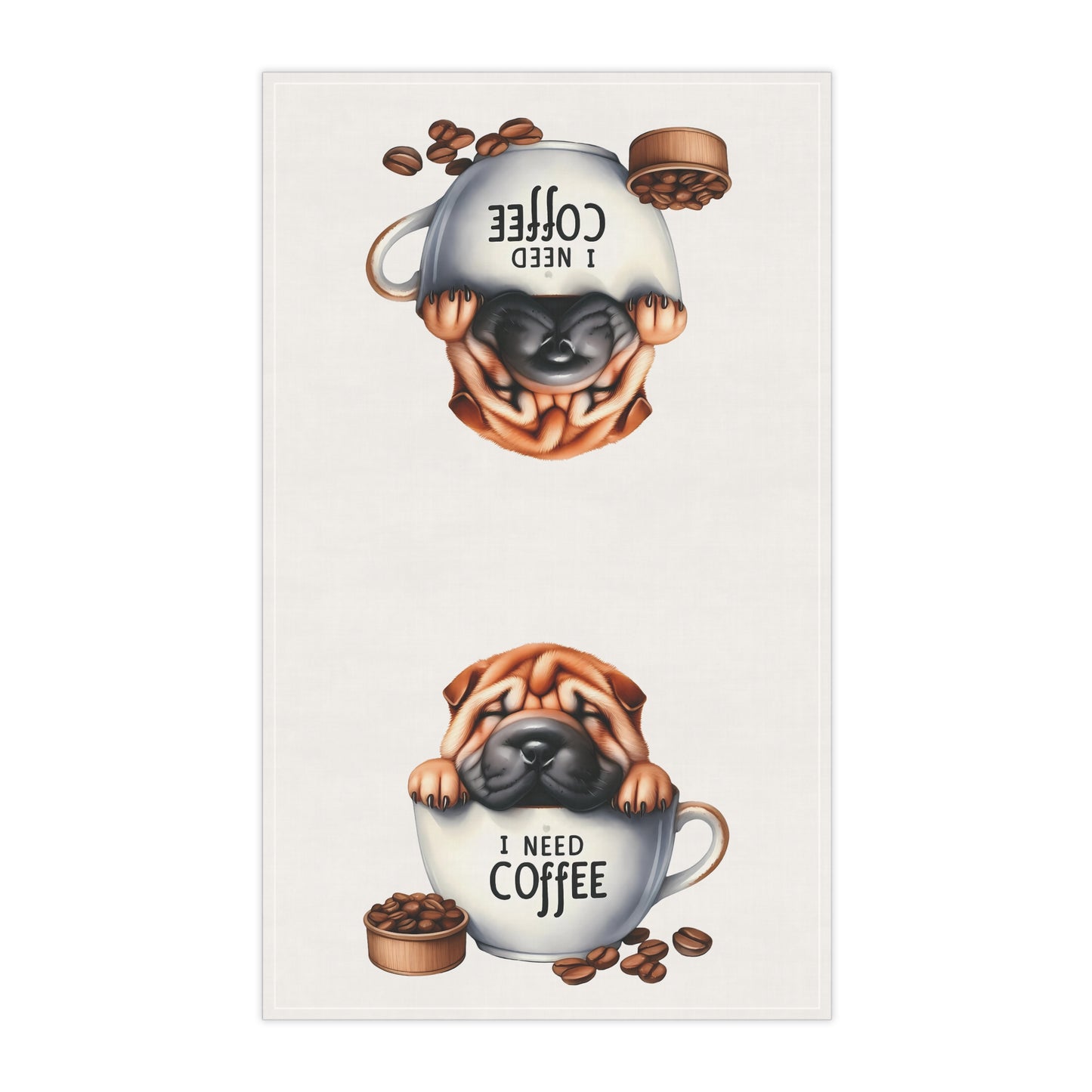 Cute Dog Coffee Tea Towels - I Need Coffee Design, Shar-pei Puppy