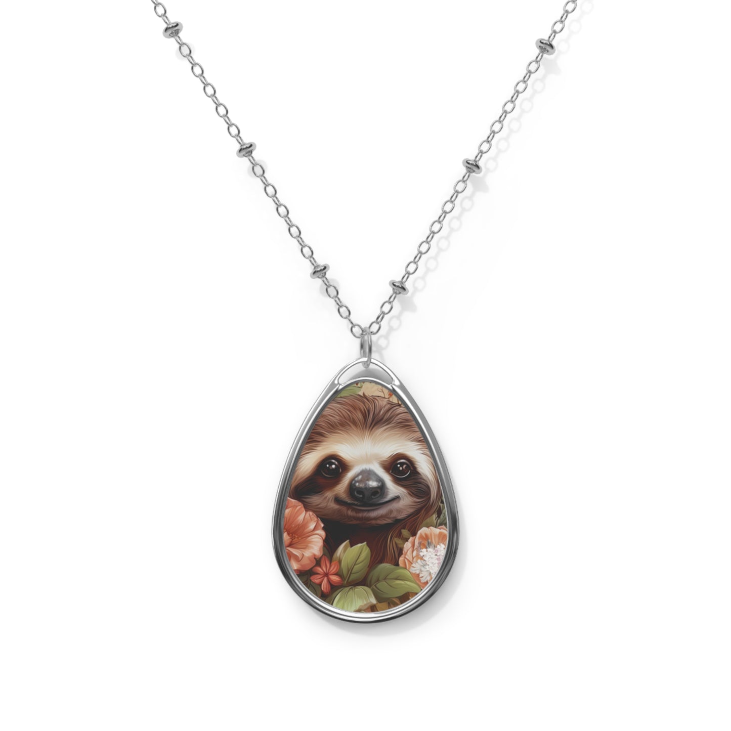 Sloth Floral Oval Necklace - Whimsical Jewelry for Nature Lovers, Sloth Lover Jewelry