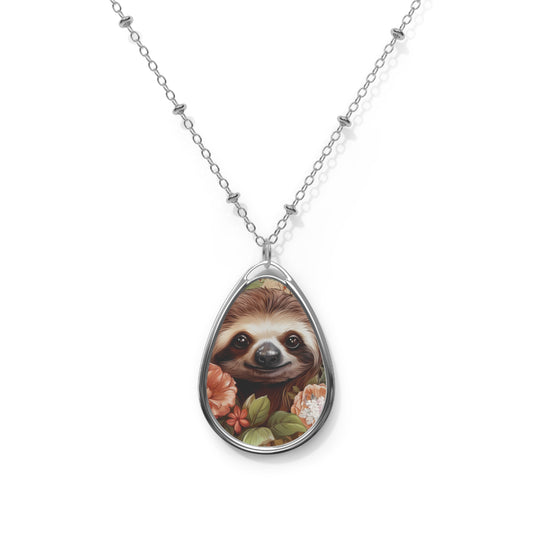 Sloth Floral Oval Necklace - Whimsical Jewelry for Nature Lovers, Sloth Lover Jewelry
