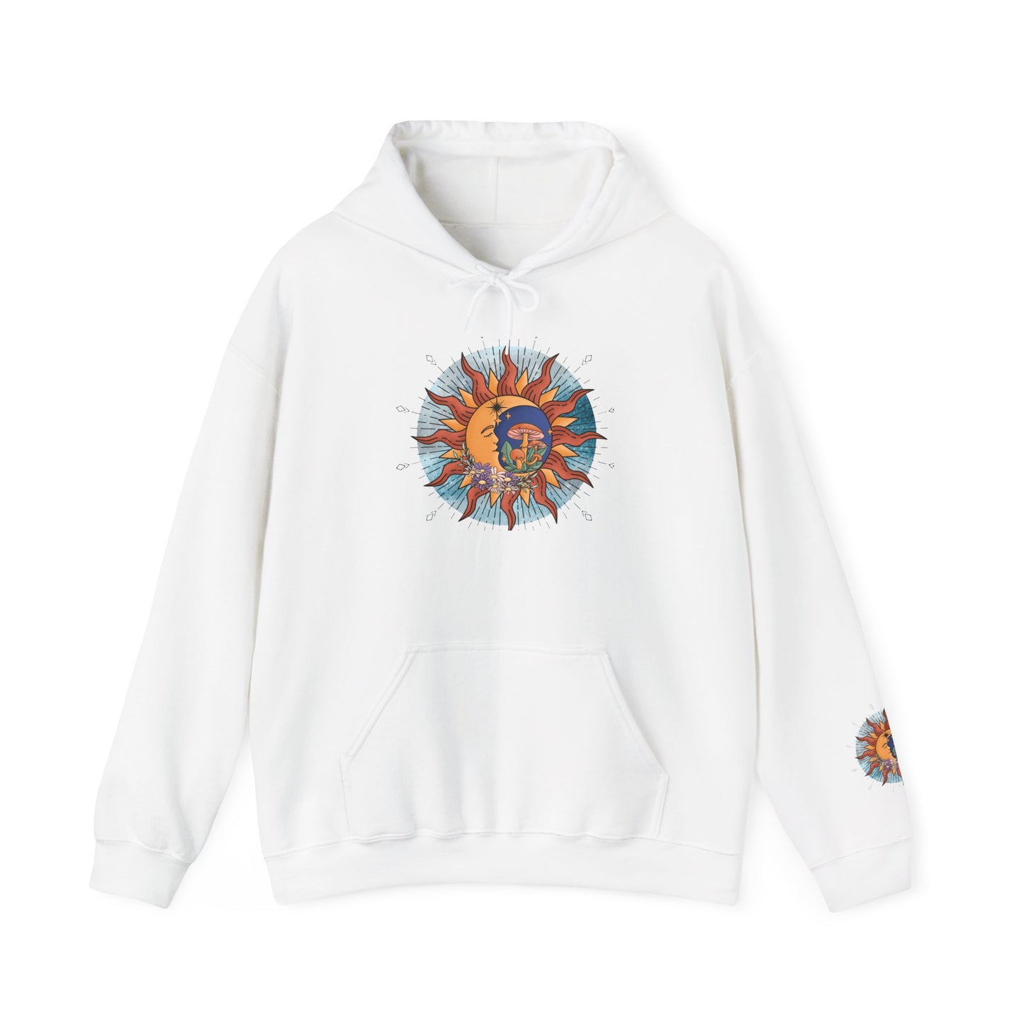 Sun and Moon Boho Hoodie — Colorful Celestial Graphic Sweatshirt