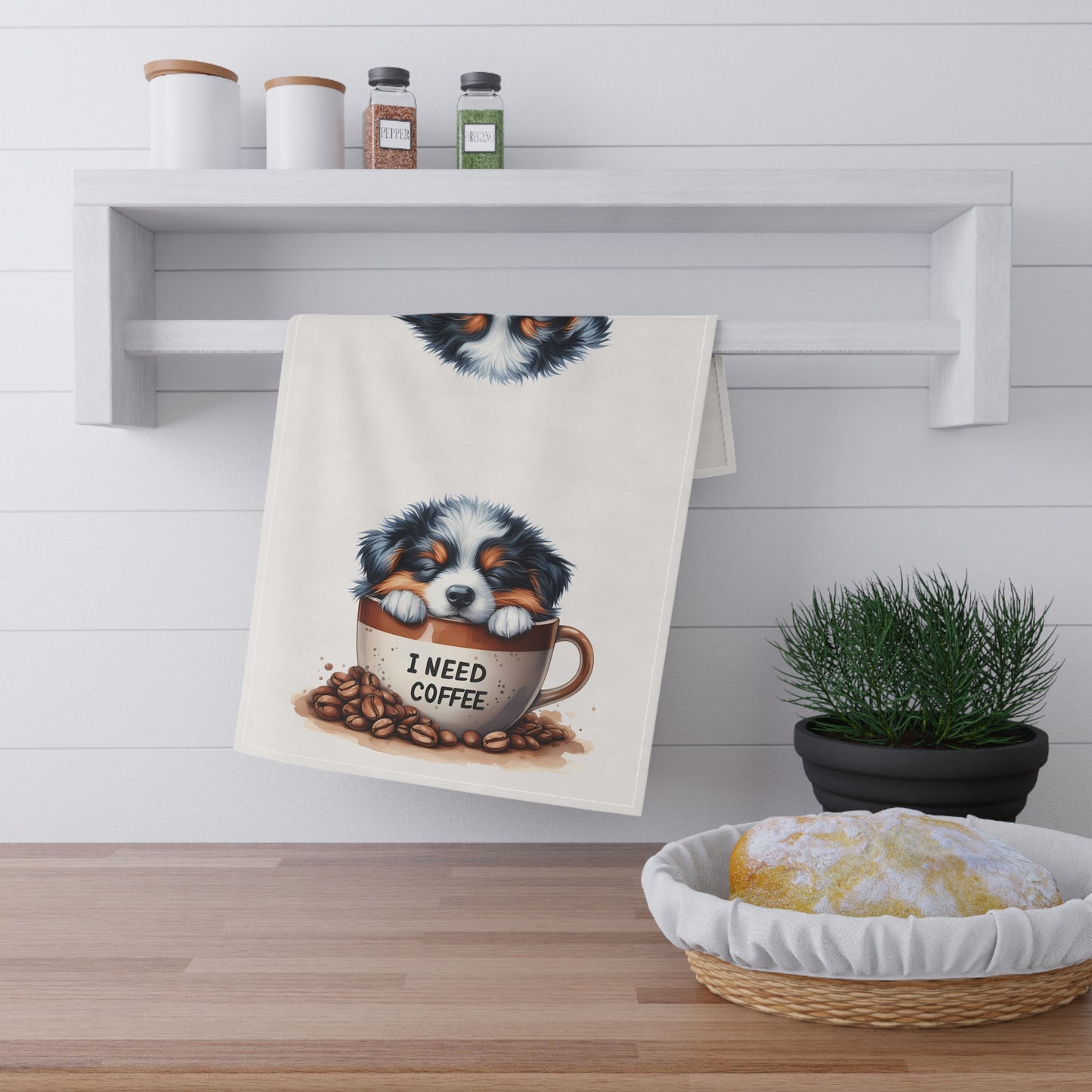 Cute Coffee Dog Tea Towels - "I Need Coffee" Design, Aussie Puppy