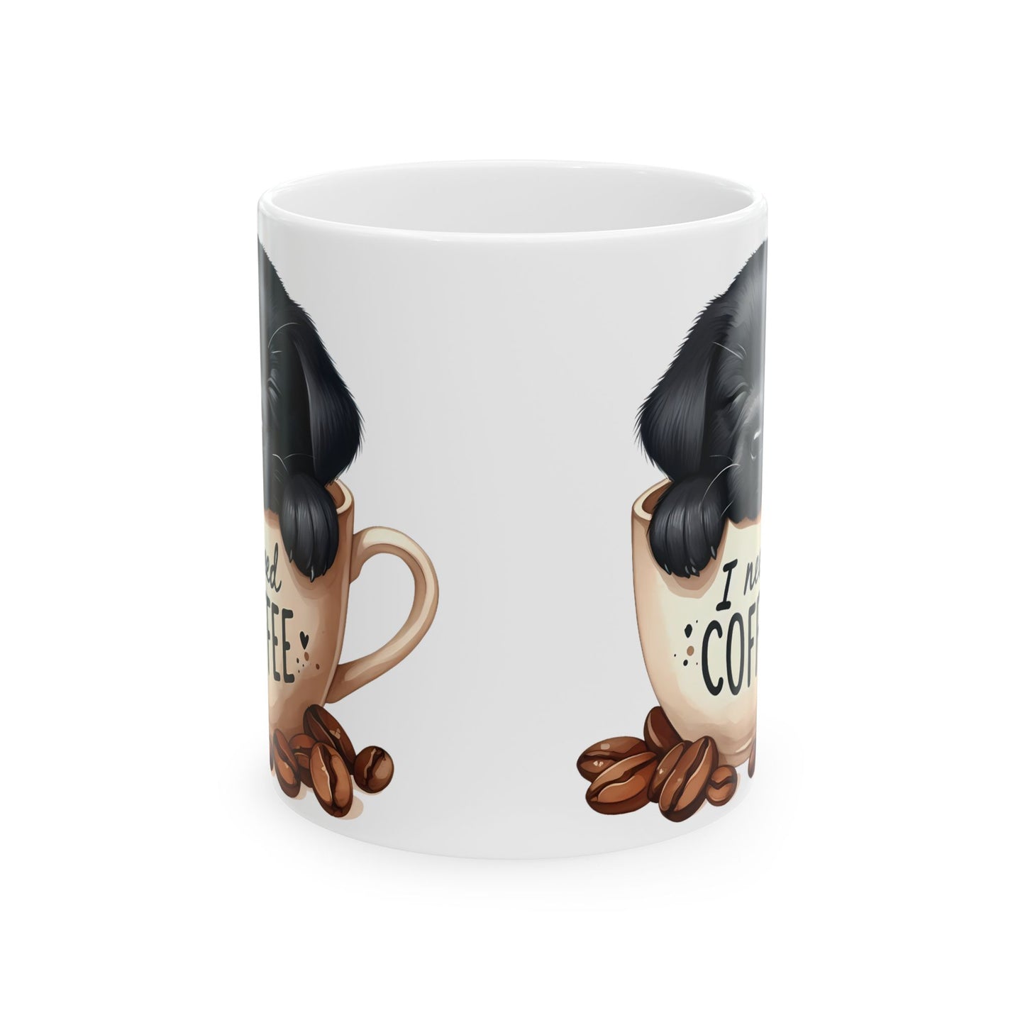 Personalized Puppy Coffee Mug - Cute Cat in Cup Illustration, "I Need Coffee" Ceramic Mug (11oz/15oz)