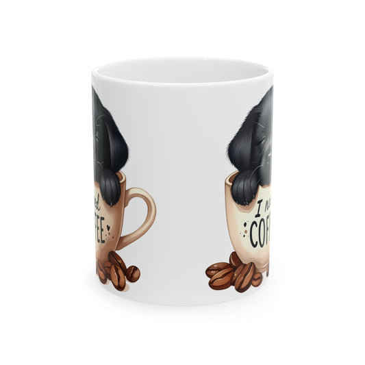 Personalized Puppy Coffee Mug - Cute Cat in Cup Illustration, "I Need Coffee" Ceramic Mug (11oz/15oz)