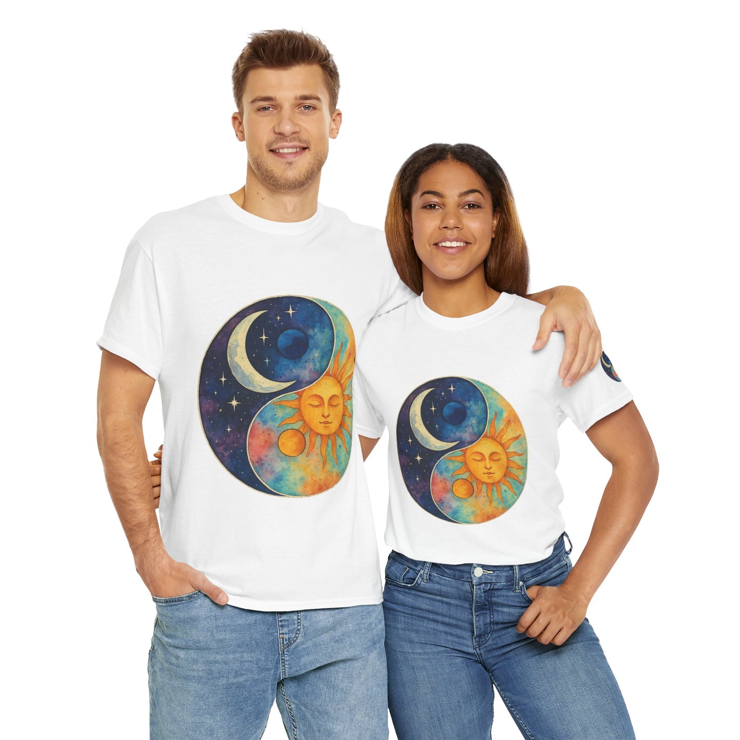 Sun & Moon Yin Yang T‑Shirt — Celestial Vintage Sunface and Crescent Moon Tee