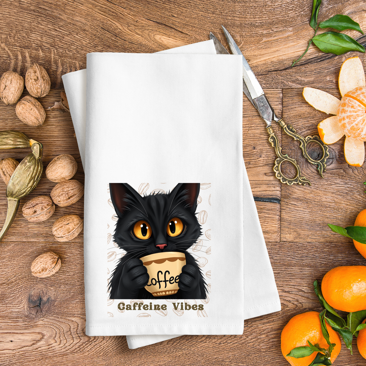 Caffeine Vibes, Waffle Weave Kitchen Towel, I Need Coffee Towel, Cat Kitchen Towel