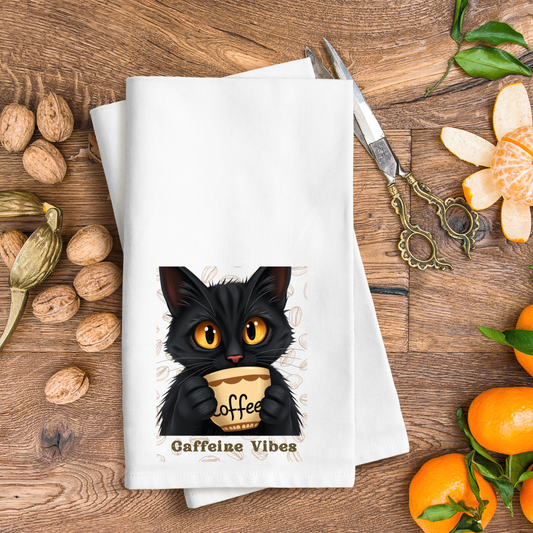 Caffeine Vibes, Waffle Weave Kitchen Towel, I Need Coffee Towel, Cat Kitchen Towel
