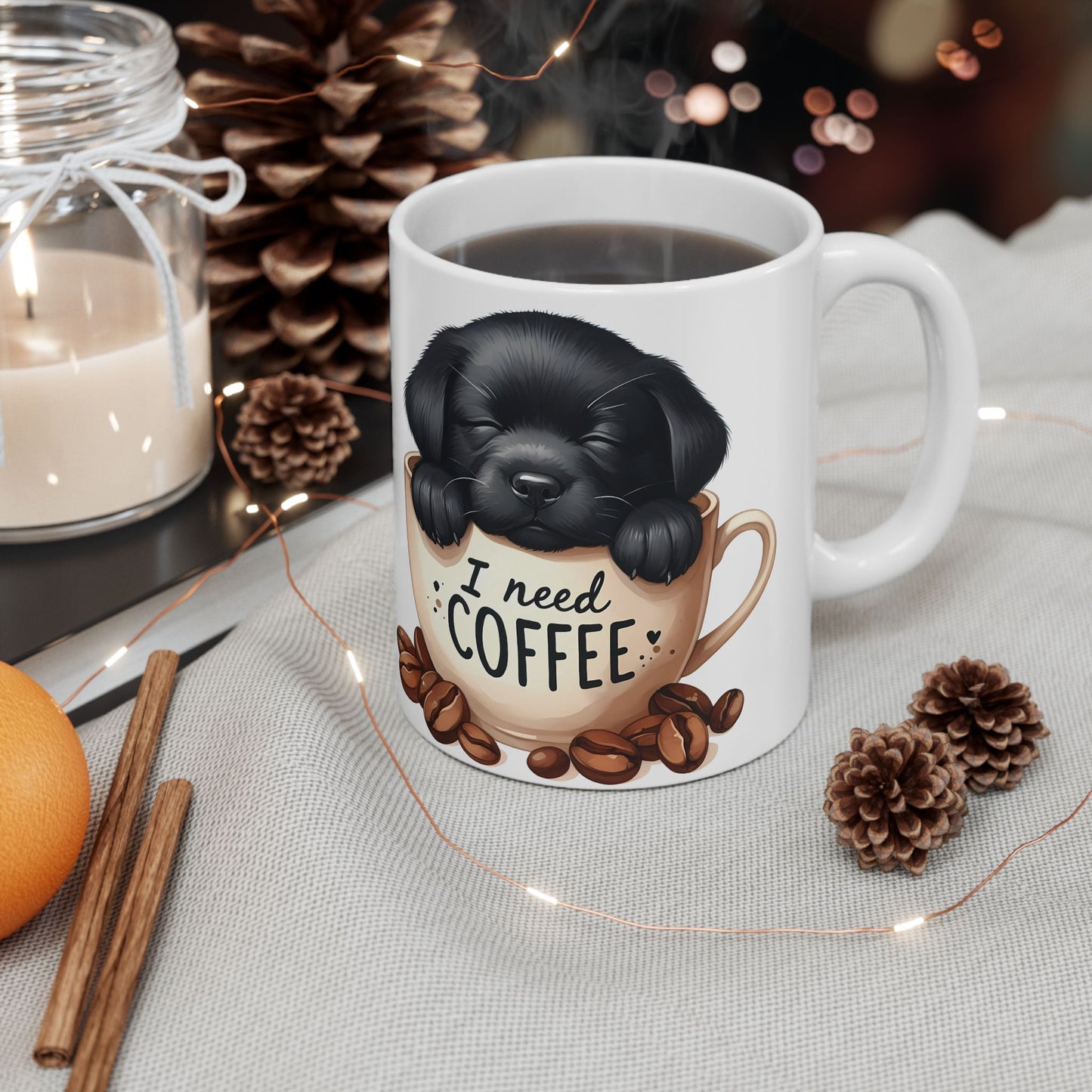 Personalized Puppy Coffee Mug - Cute Cat in Cup Illustration, "I Need Coffee" Ceramic Mug (11oz/15oz)