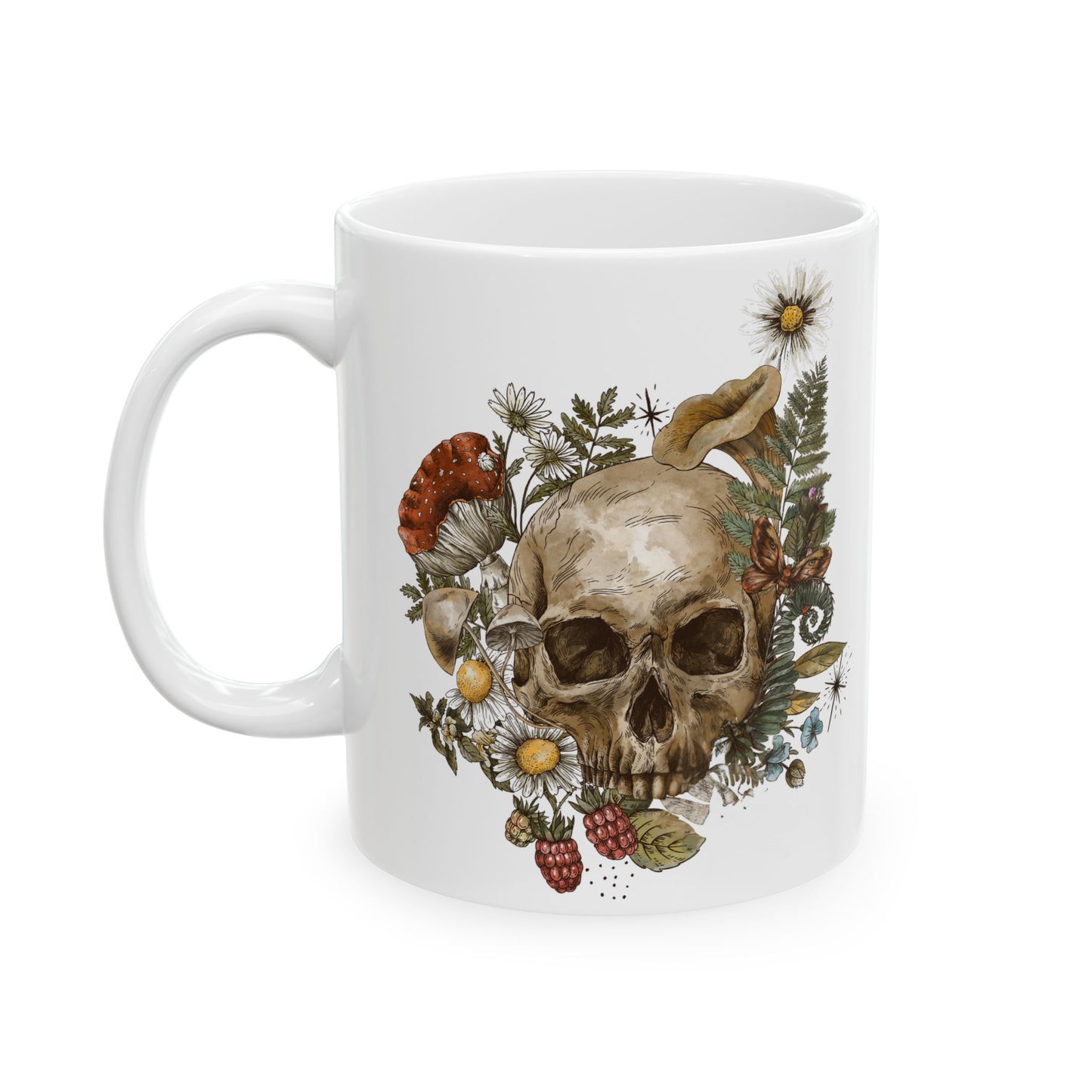 Floral Skull Coffee Mug — Vintage Wildflower & Fungi Ceramic Mug (11oz, 15oz)