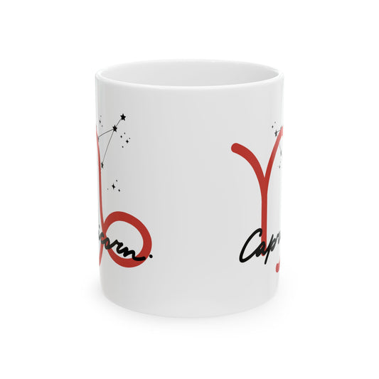 Capricorn Zodiac Ceramic Mug — Red Script Constellation Astrology Coffee Cup (11oz & 15oz)